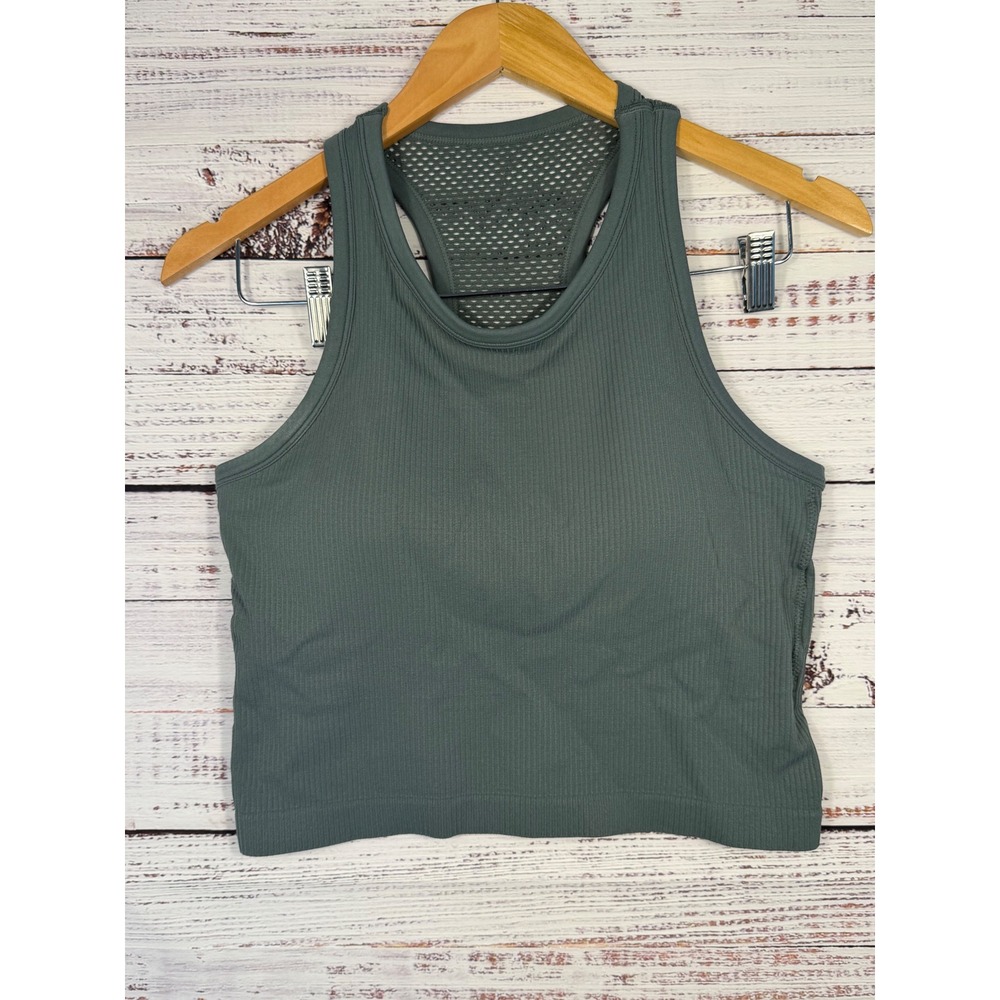 Pro-Fit Seamless Ribbed Mesh Racerback Crop Tank Top Women XL Blue Green